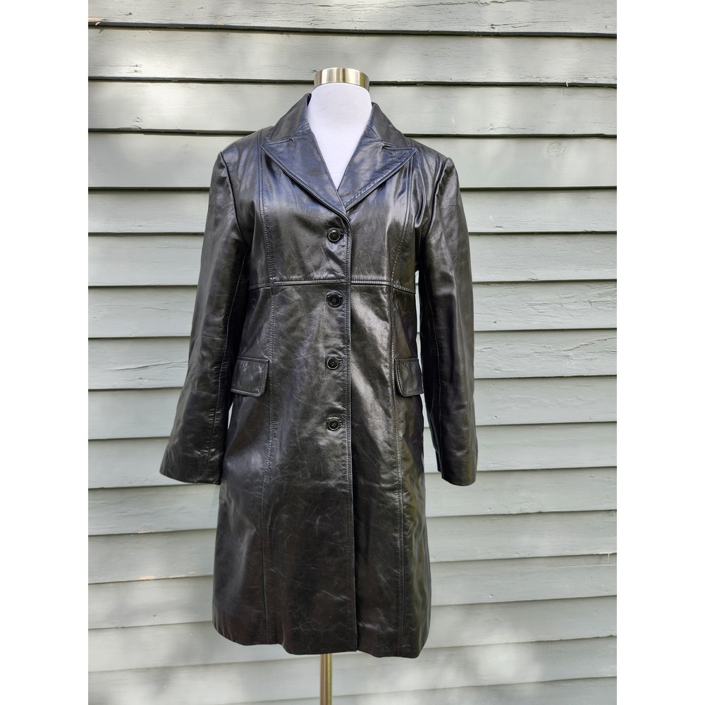 Vintage Pelle Studio Wilsons Leather Trench Coat Black 90s Matrix Long Jacket Md